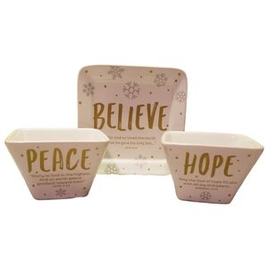 Vtg Believe/Hope/Peace 2 Square Bowls 1 Sq. Plate